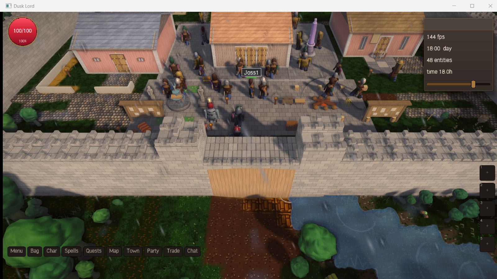 A walled city at dusk: cobbled streets, market stalls and townsfolk inside the curtain wall, a river and forest beyond it.