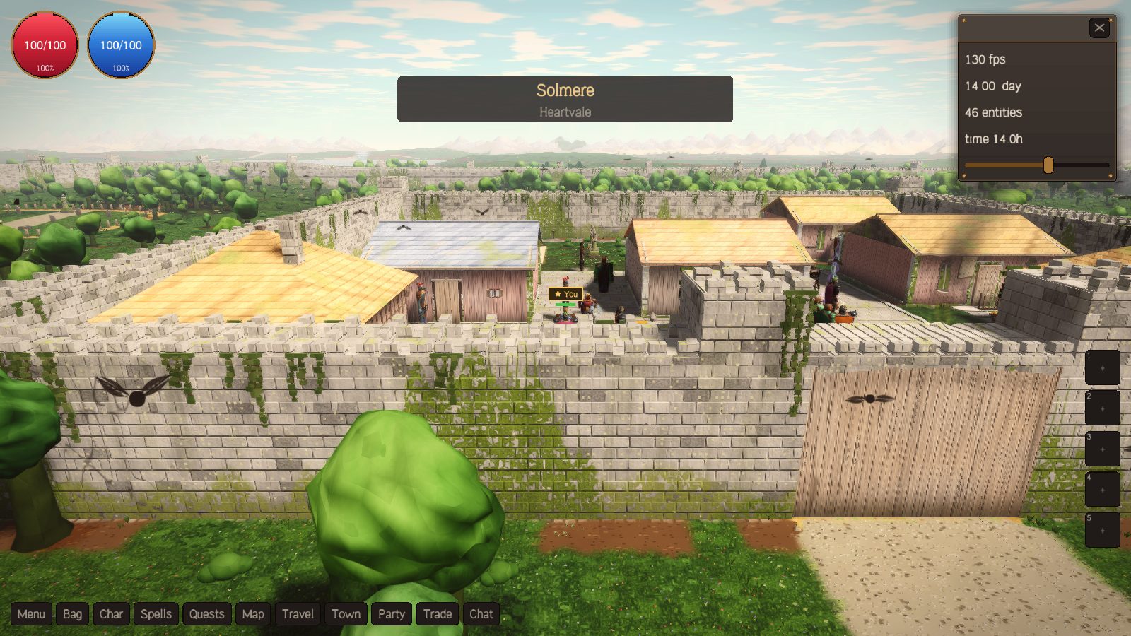 Frosthold's grey stone wall with tiled rooftops behind it and green hills beyond.