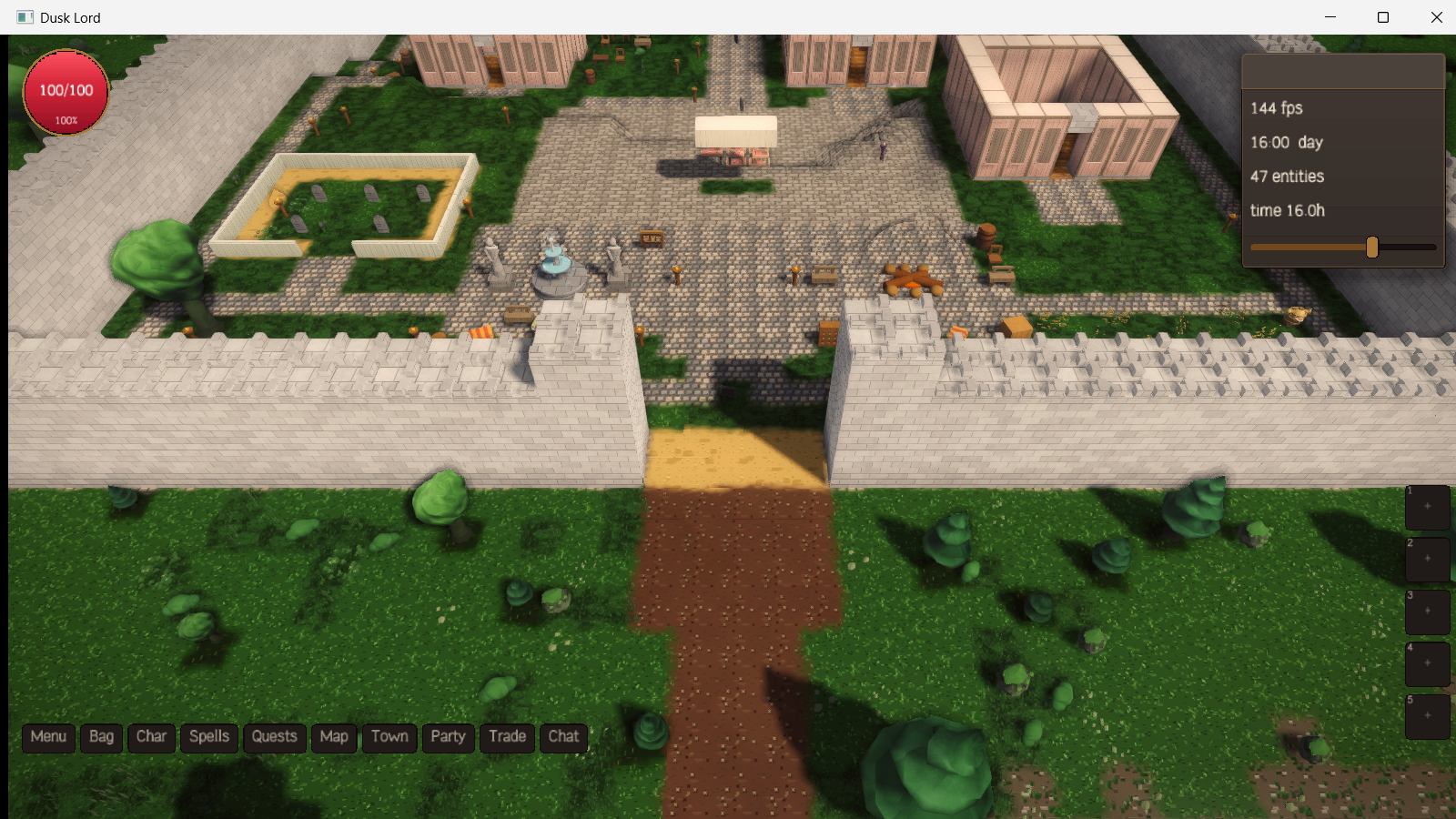 Highspire's pale stone walls and gate above green fields and forest in bright daylight.