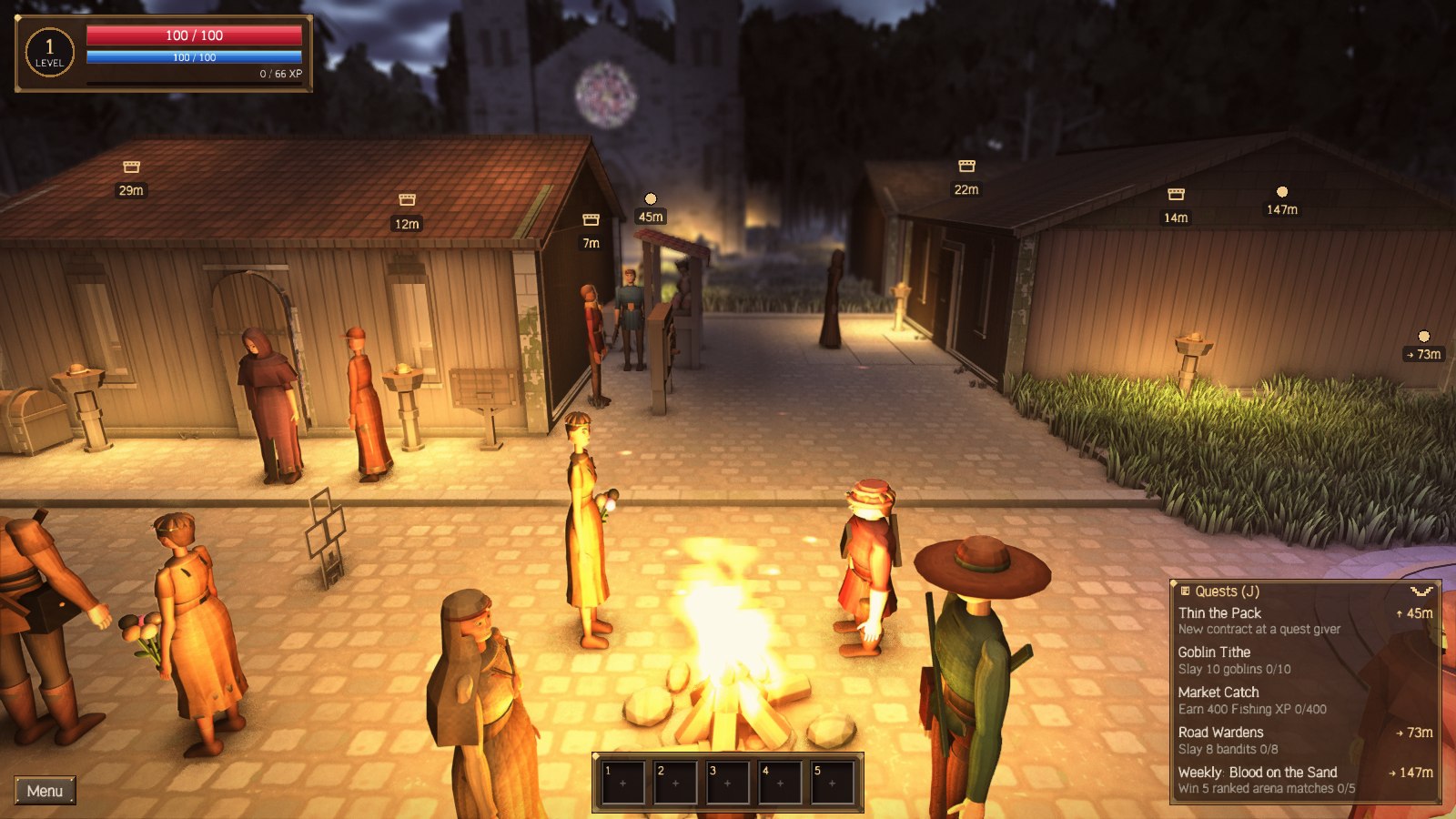 Townsfolk gathered around a bonfire in a cobbled street at night, the cathedral's rose window dim above them.