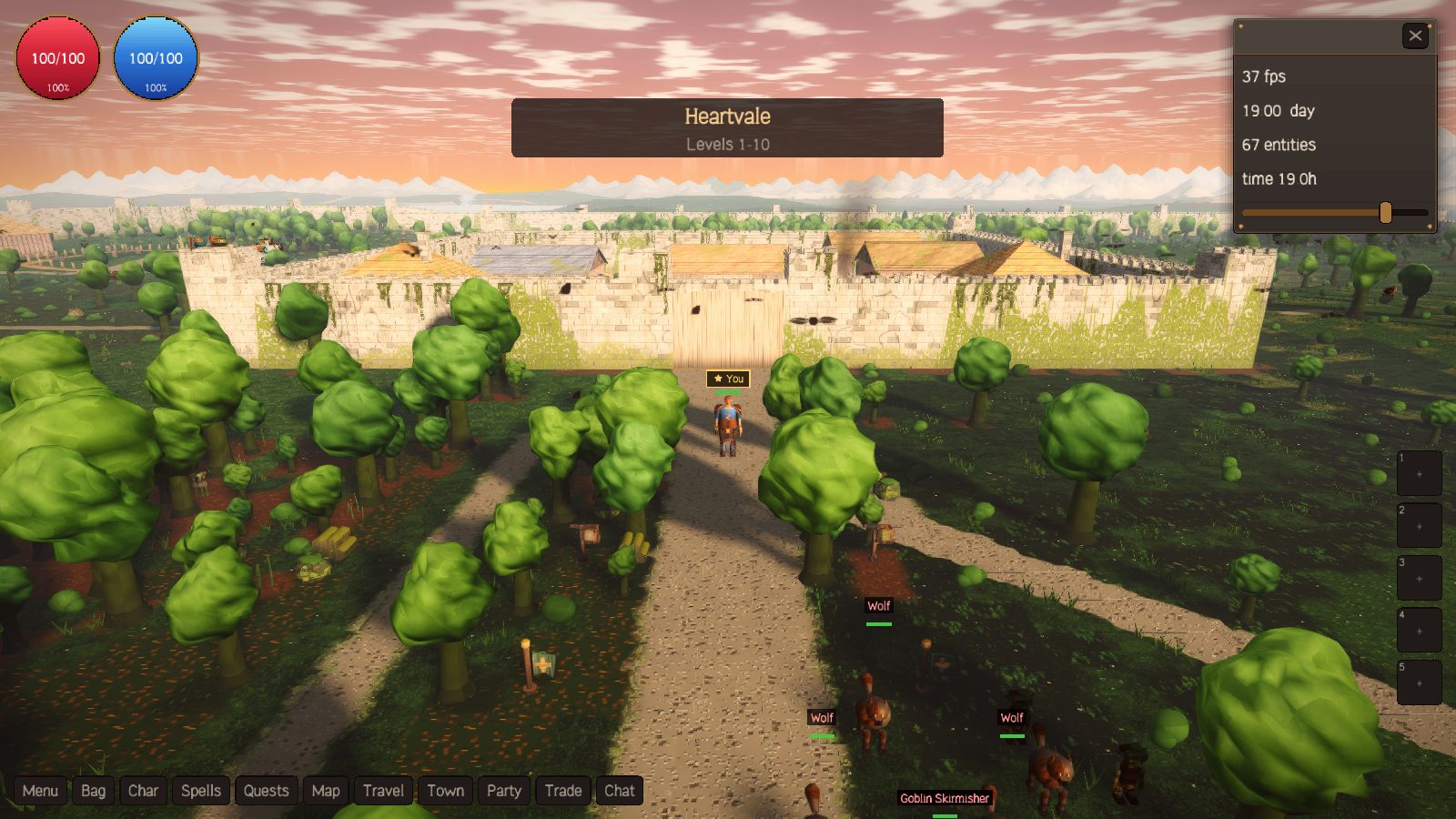 Solmere's walls and rooftops under a sunset sky, seen over an orchard and the roads that lead to its gate.