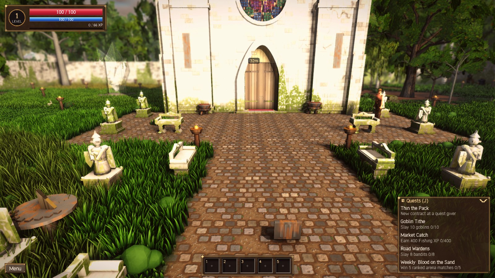 The cathedral garden in Solmere: a cobbled walk between carved statues and stone benches, leading to the cathedral door.