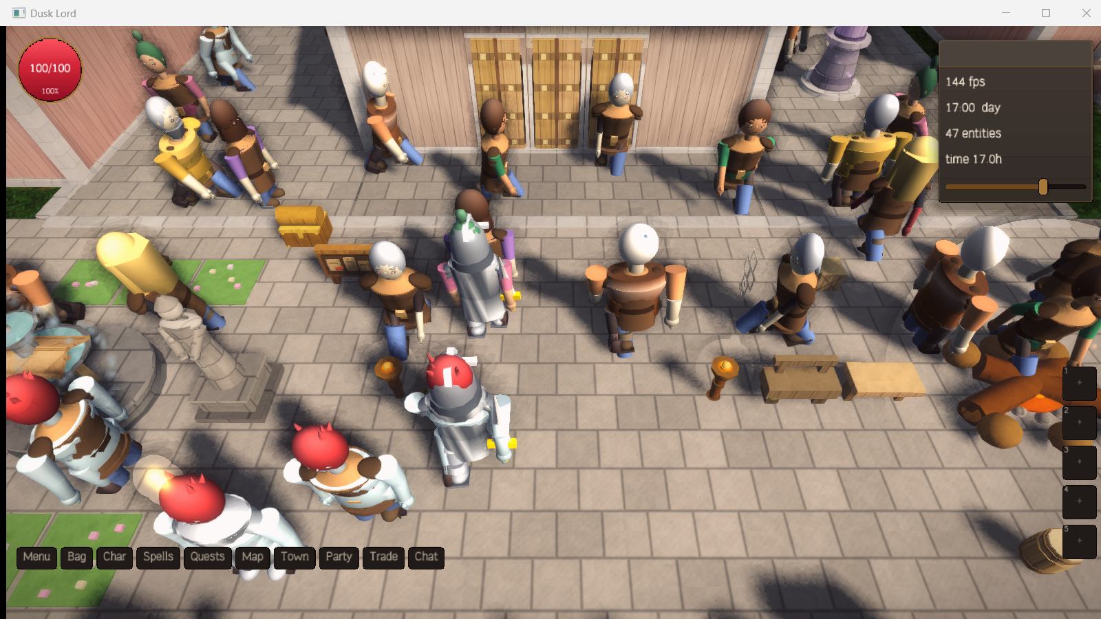 A close view of a paved street crowded with townsfolk in varied clothing, seen over the shoulder.